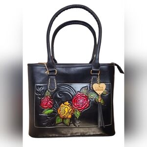 Elegant Black Leather Tote with Floral Accents